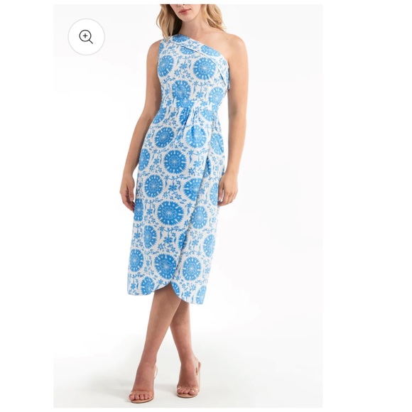 $268 Hermoza Charlotte One Shoulder Medallion Print Wrap Midi Dress Blue S - Picture 2 of 15